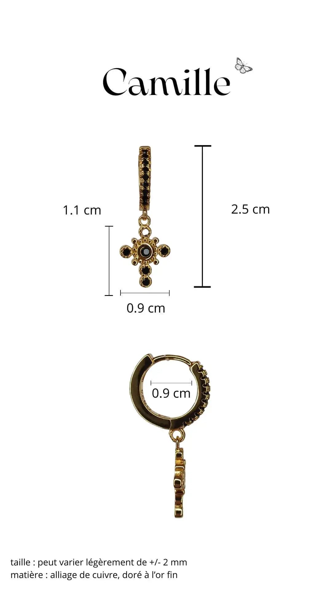 boucle d'oreille motif croix serti de pierres noires