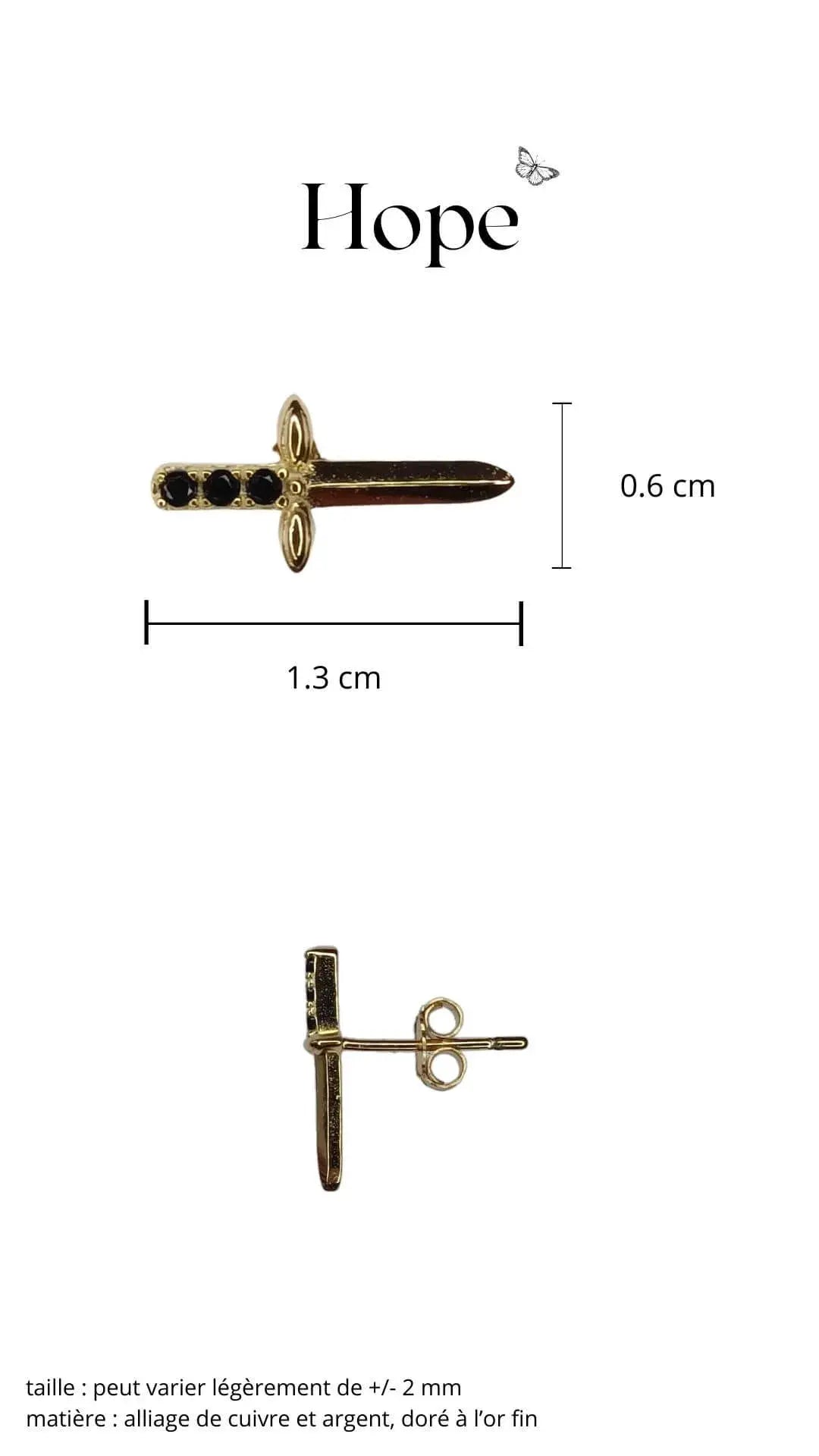 boucle d'oreille dague doré à l'or fin et pierres noires