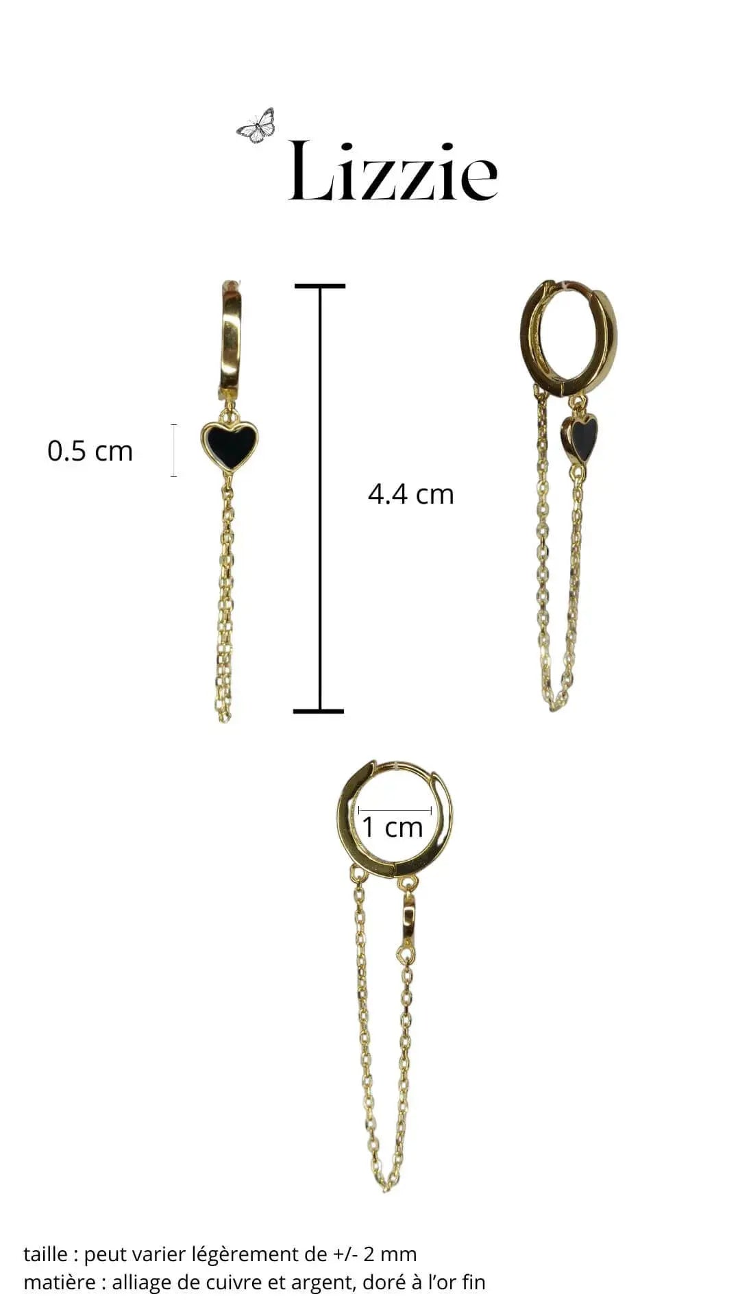 boucle d'oreille coeur émail noir avec chainette
