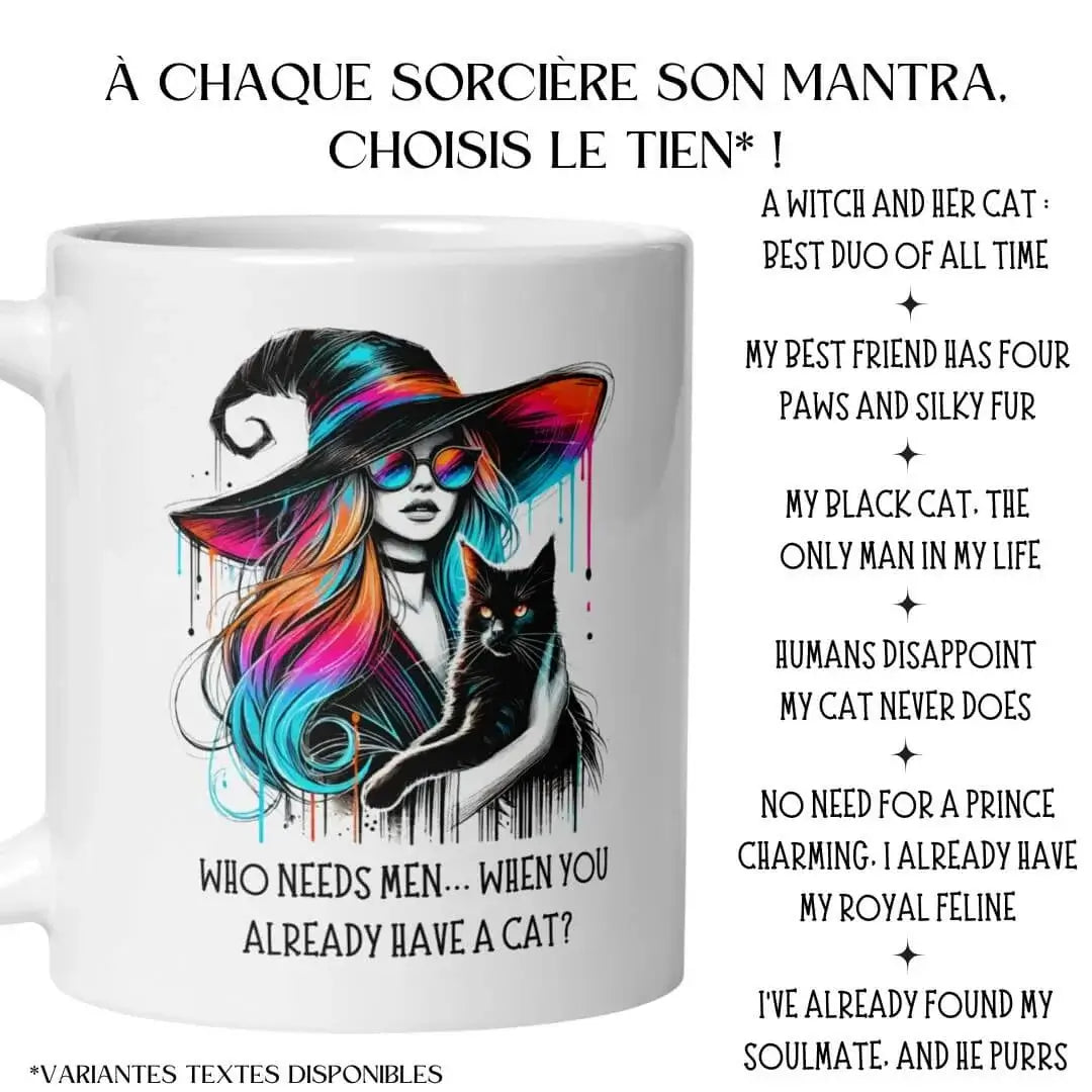 Présentation mug sorcière et chat noir avec différents slogans mystiques