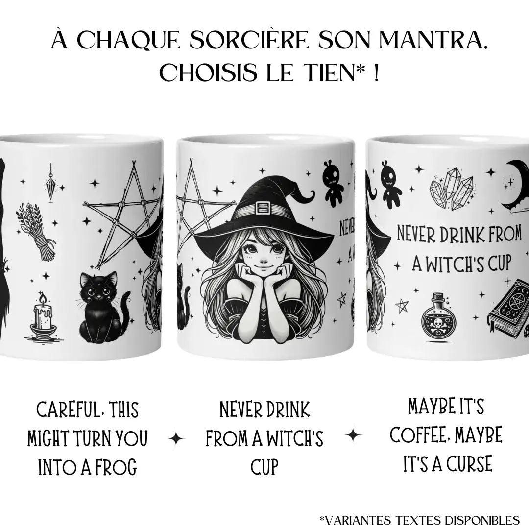 Collection de mugs sorcière avec plusieurs slogans magiques