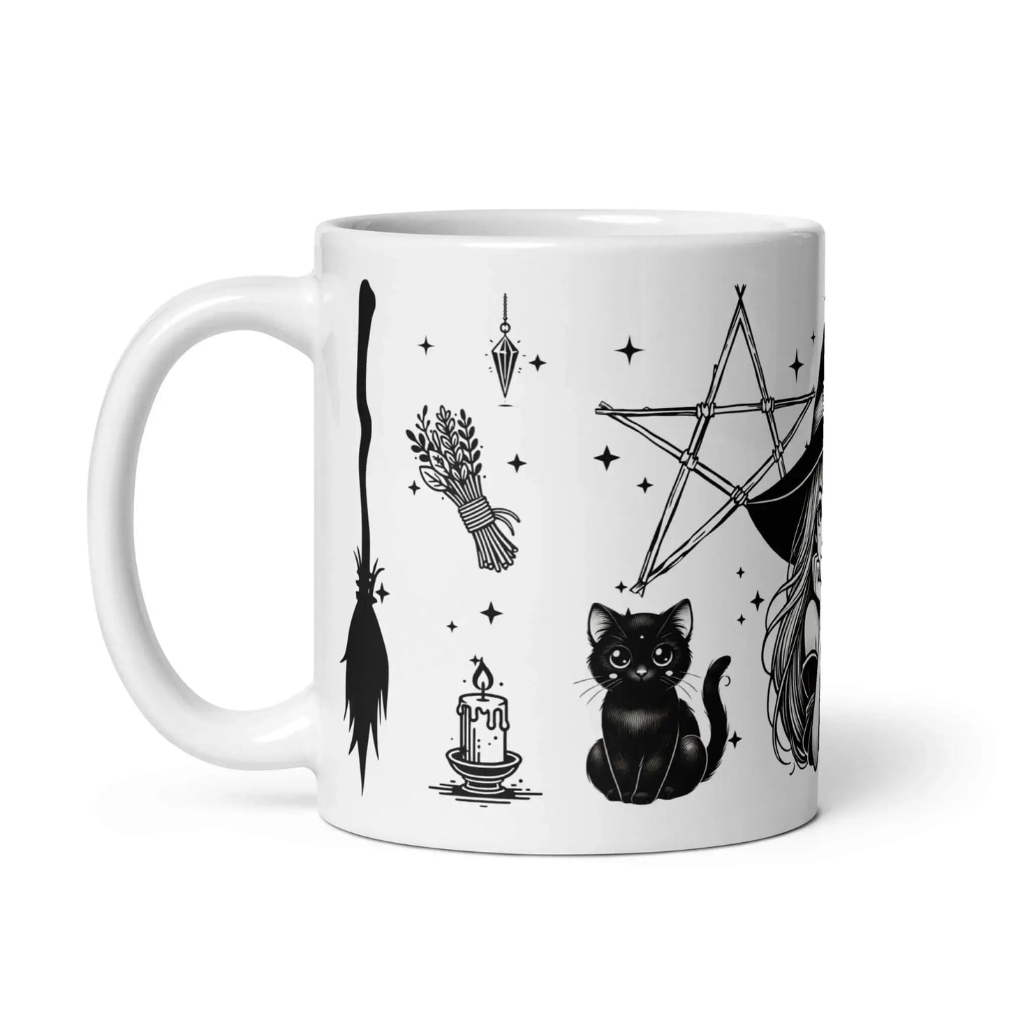 Mug illustration outils de sorcière et chat noir