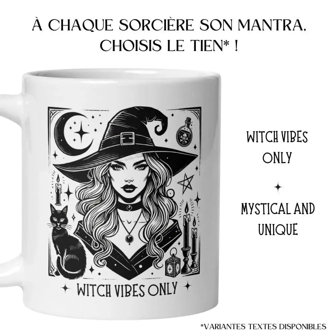 Collection de mugs sorcière avec portrait style gravure et différents slogans ésotériques