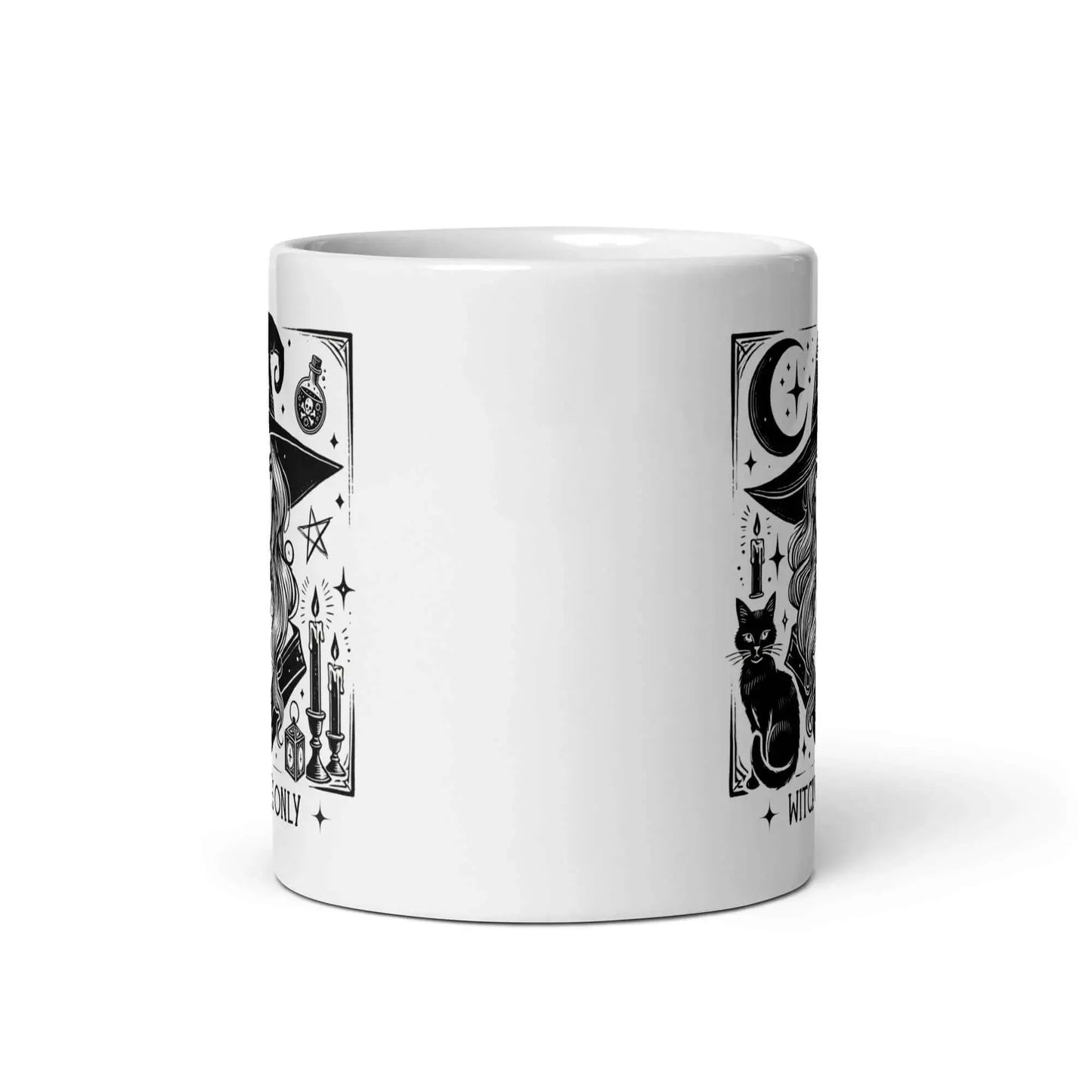 Mug sorcière illustré façon gravure avec son chat