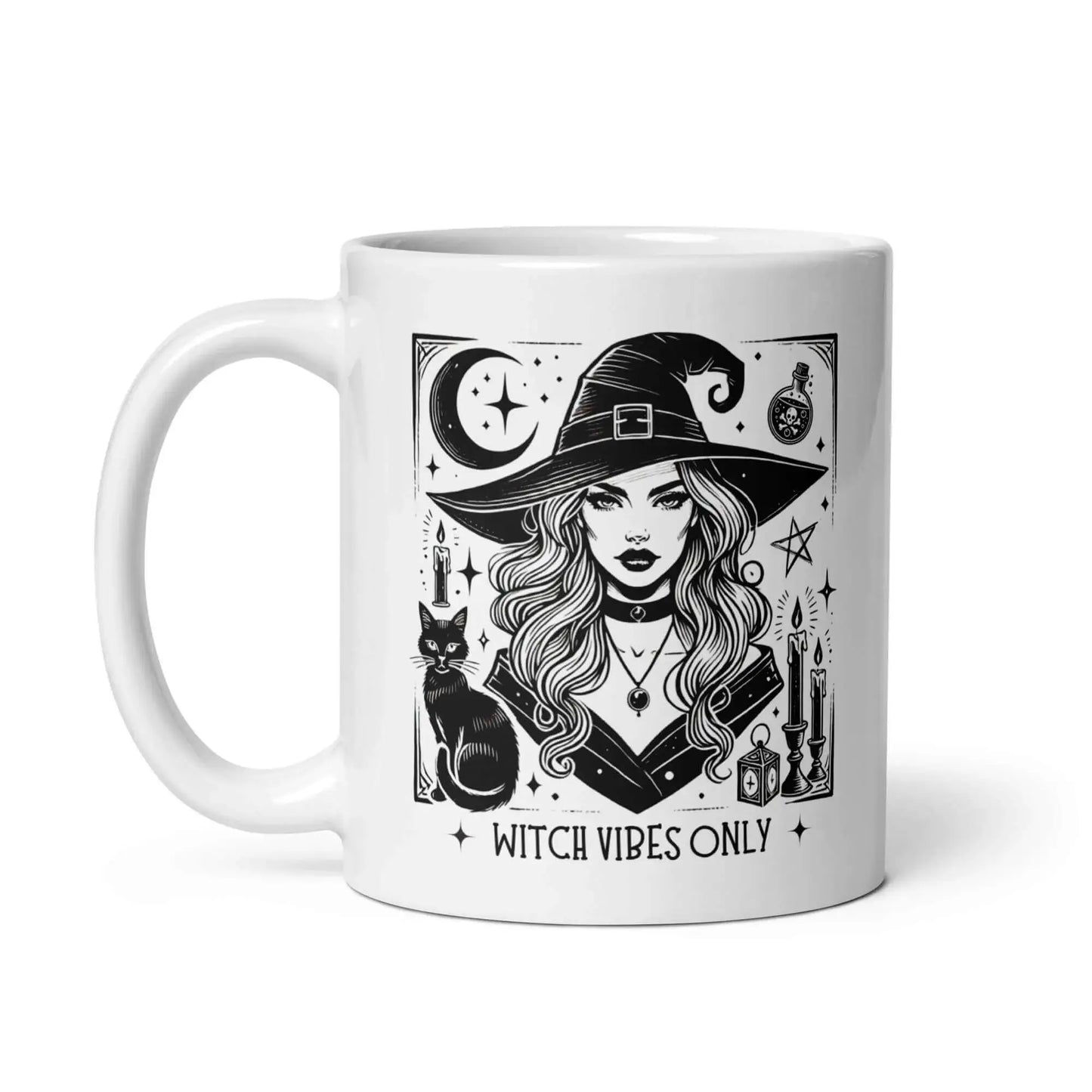 Mug mystique avec portrait de sorcière et texte Witch vibes only