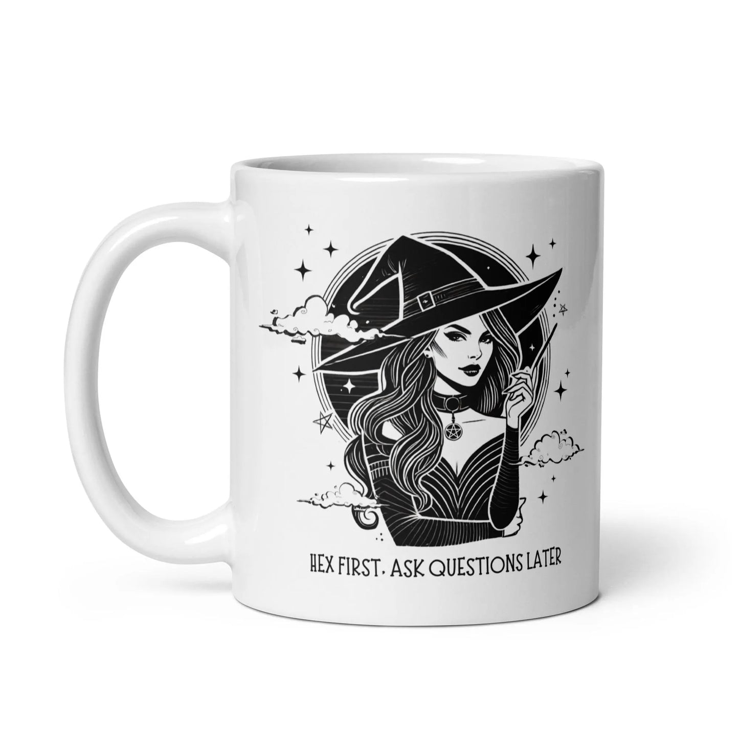 Mug sorcière baguette magique avec le texte Hex first ask questions later