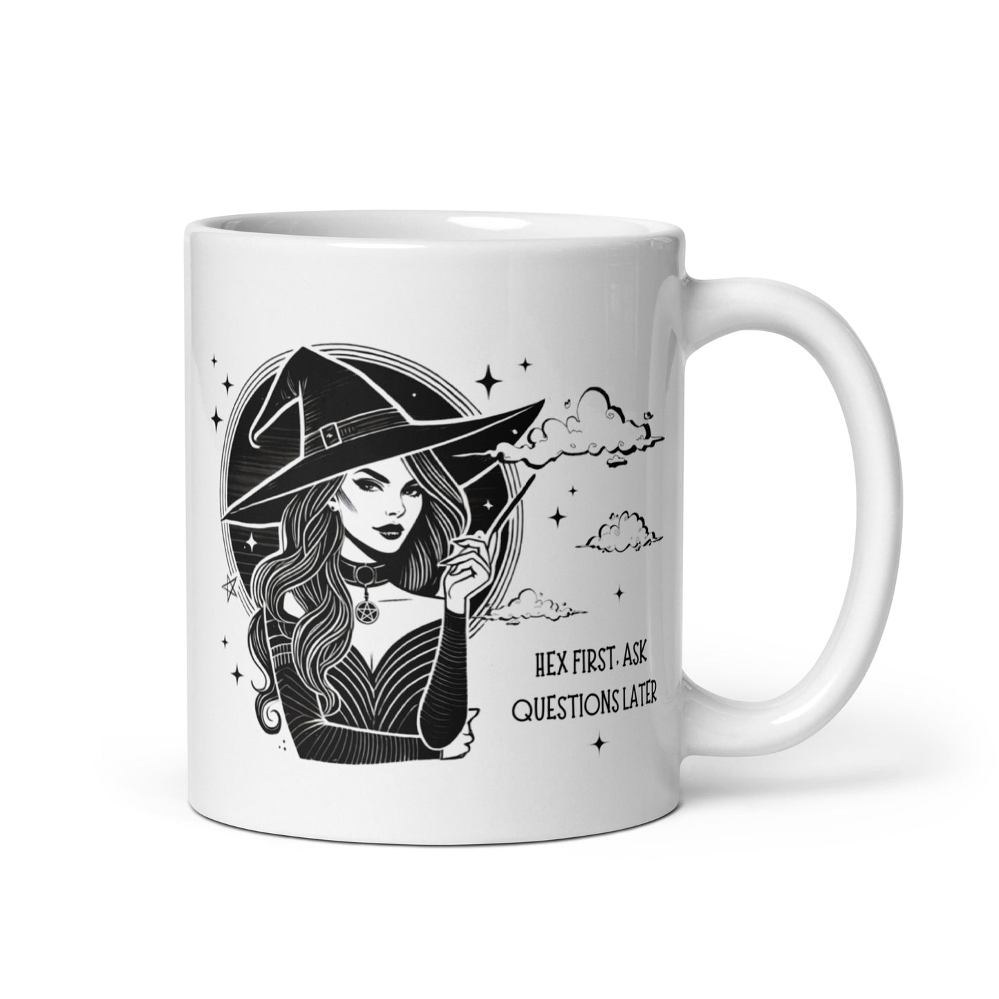 Mug avec portrait de sorcière et message Hex first ask questions later