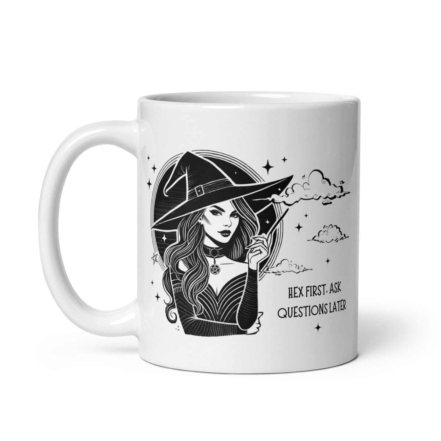 Mug sorcière moderne avec le texte Hex first ask questions later