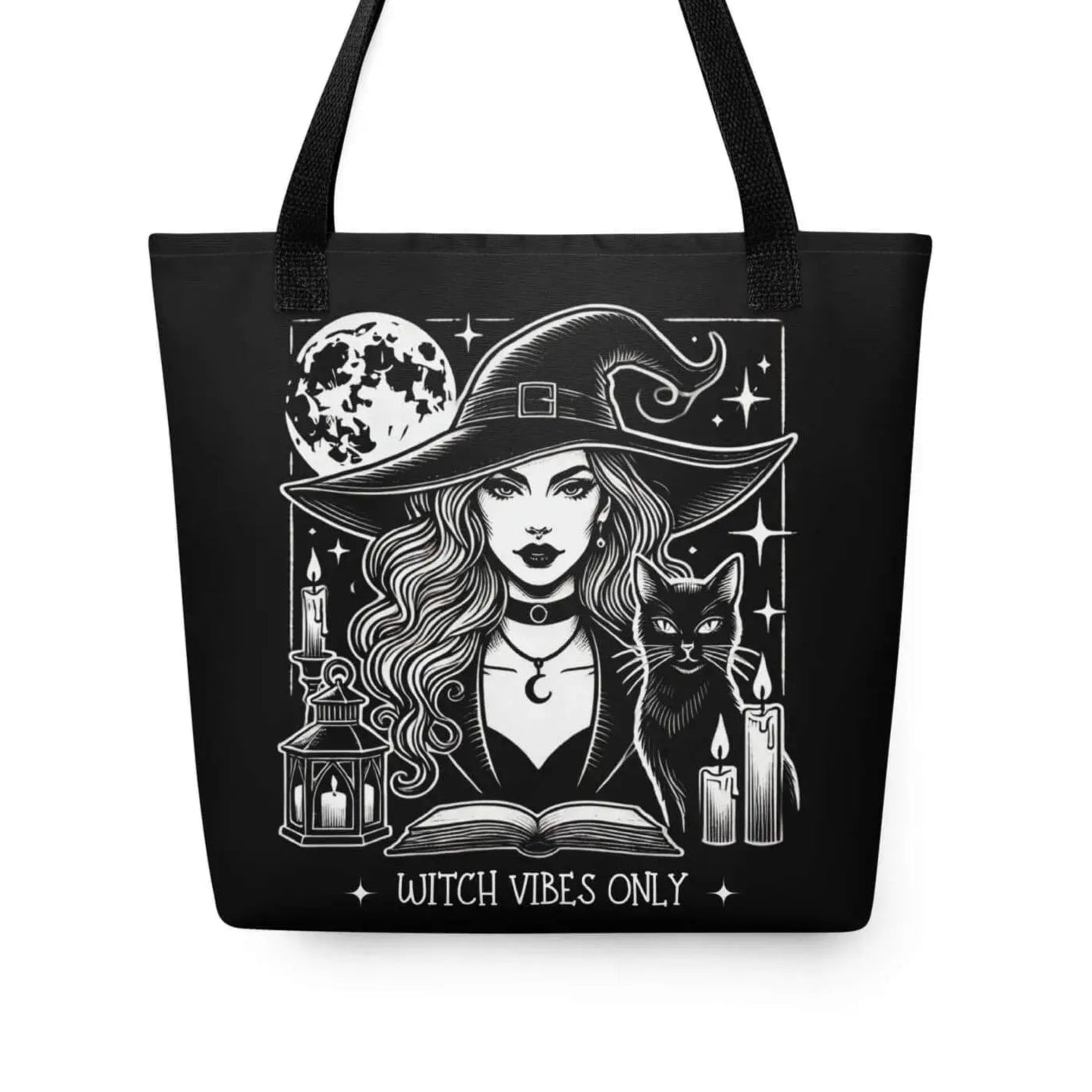 Tote bag sorcière style gravure avec lune mystique