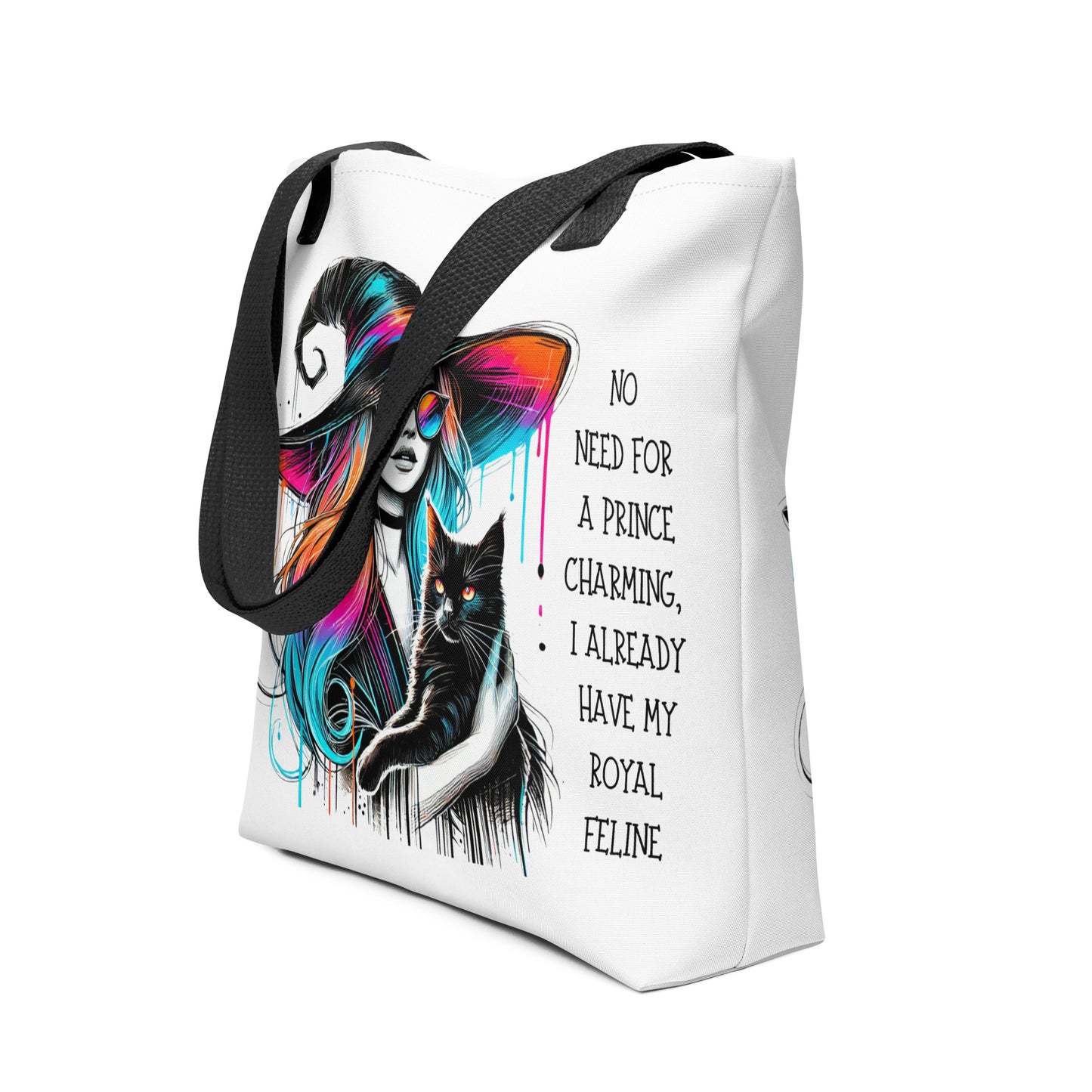 Tote bag ésotérique illustration witchy avec le slogan No need for a prince charming I already have my royal feline