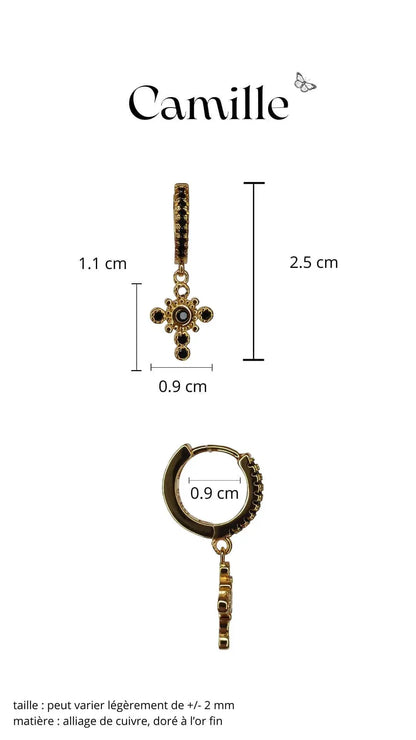 boucle d'oreille motif croix serti de pierres noires