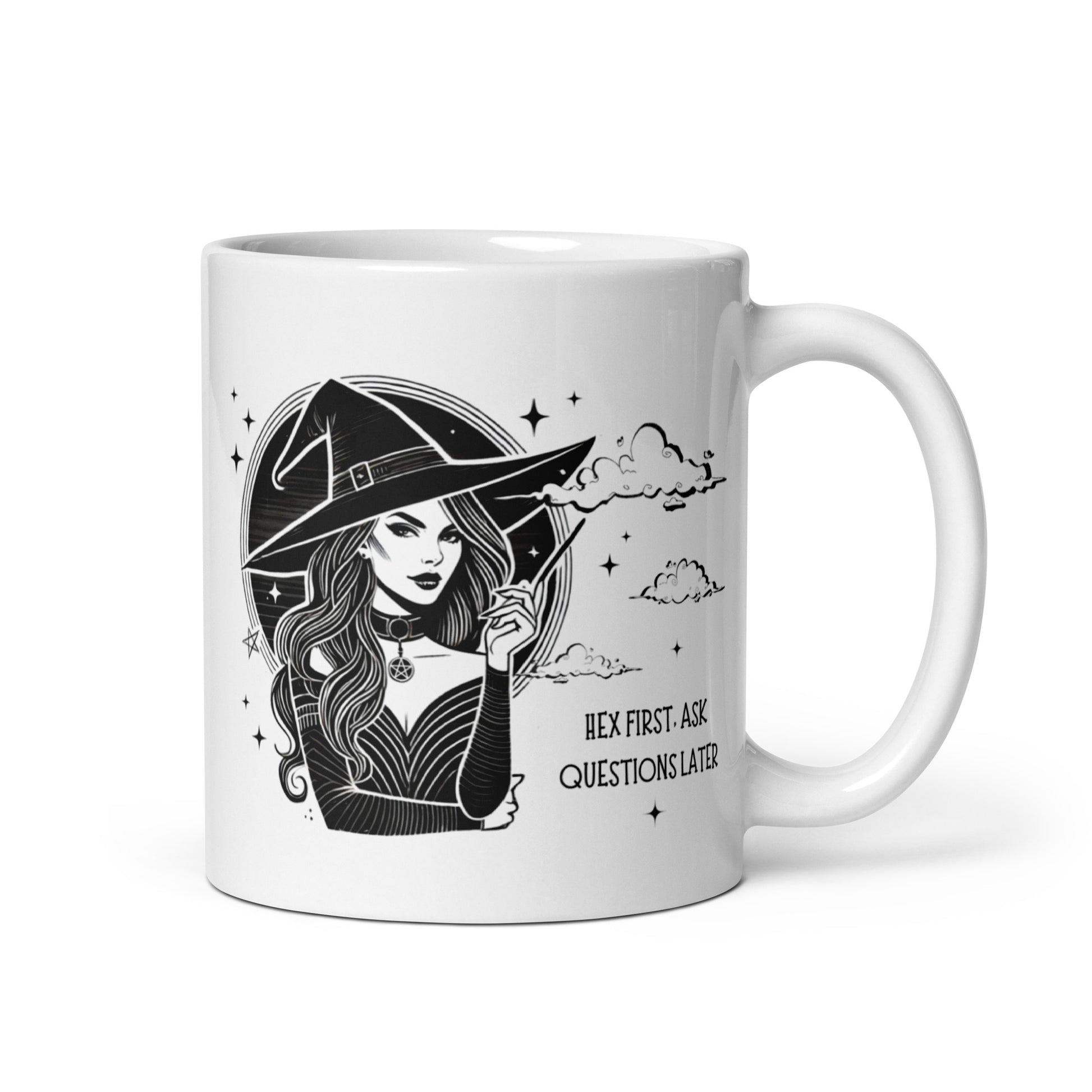 Mug avec portrait de sorcière et message Hex first ask questions later