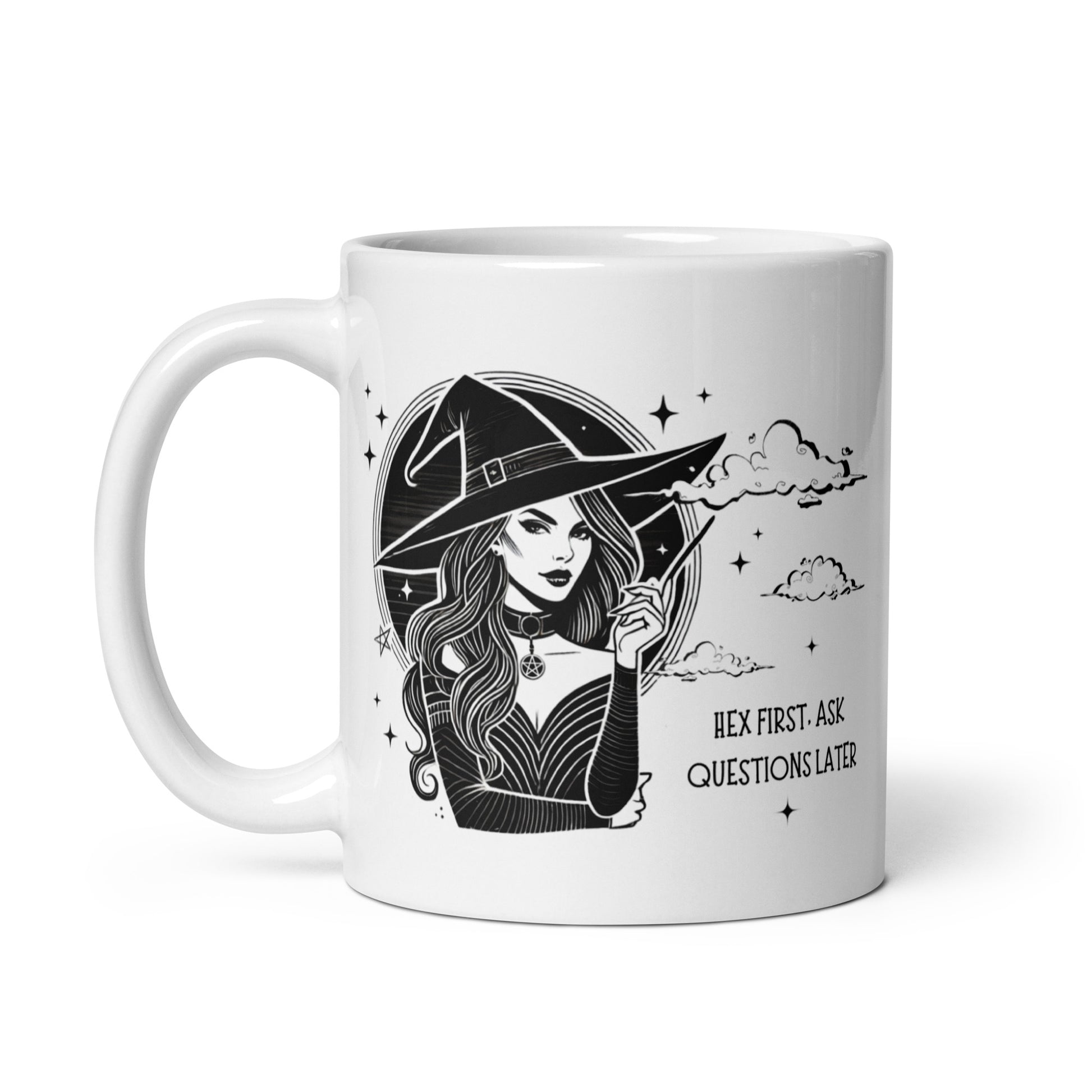 Mug sorcière moderne avec le texte Hex first ask questions later