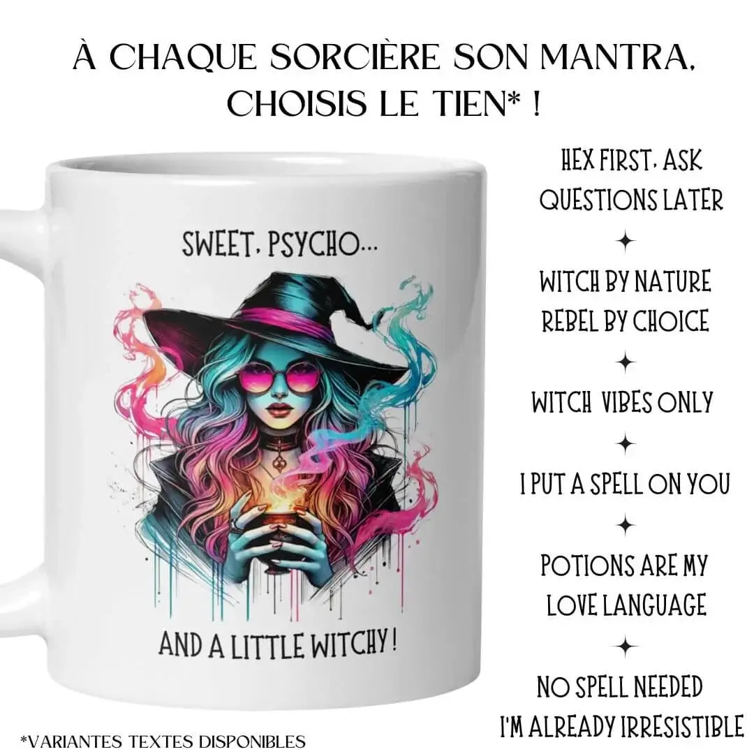 Mug sorcière colorée avec différents choix de slogans magiques