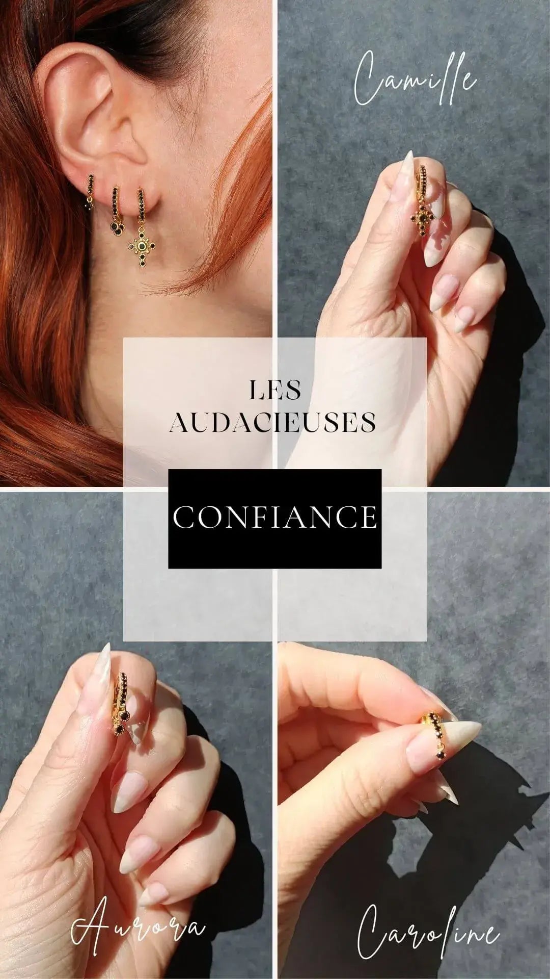 présentation du set de boucles pendant croix et pierres