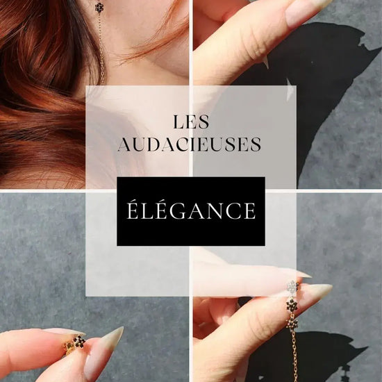 présentation set de boucles d’oreilles Élégance, bijou doré à l’or fin avec pierres noires
