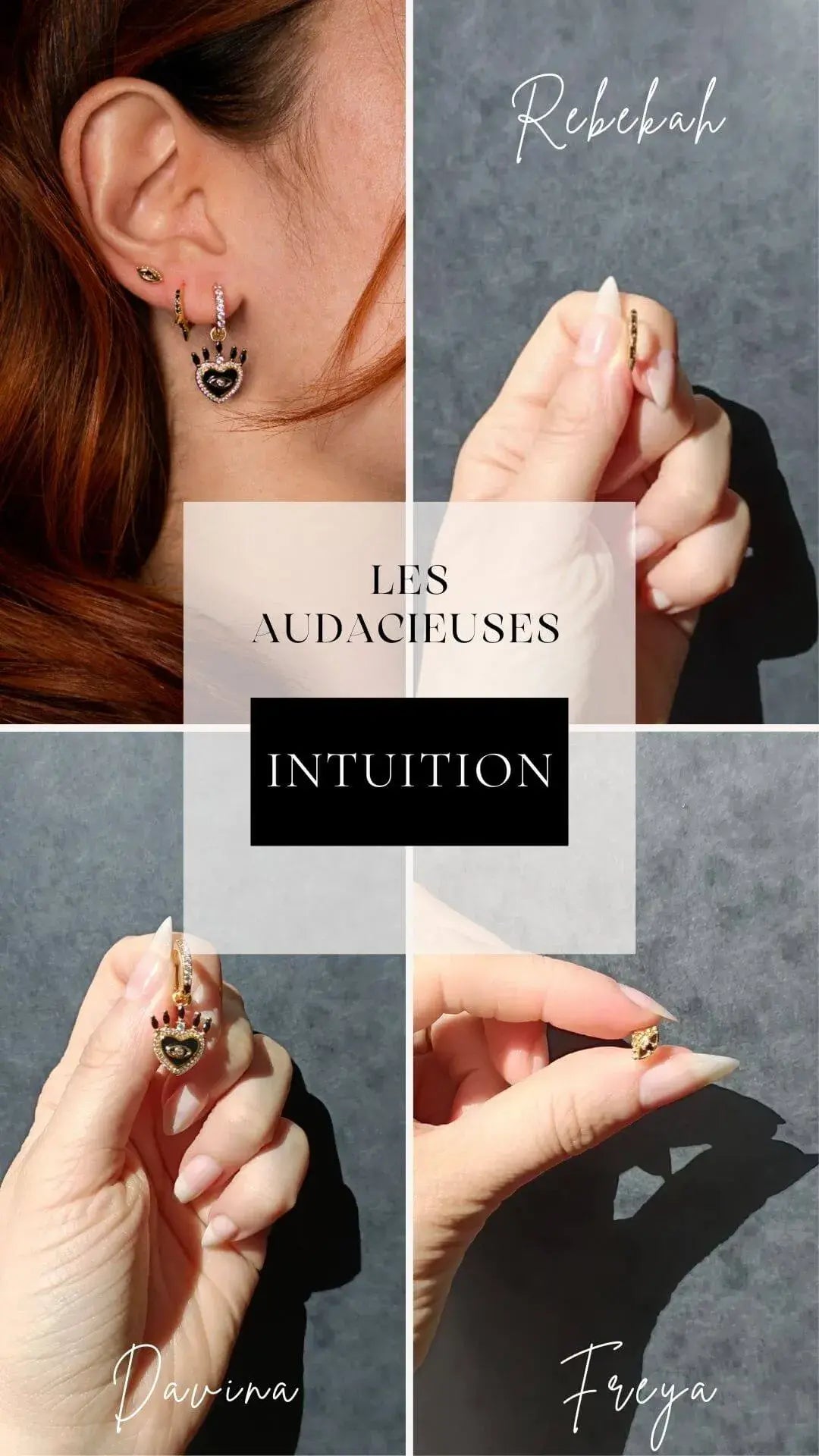 présentation du set de boucles dorées et pierres noires, charme mystique