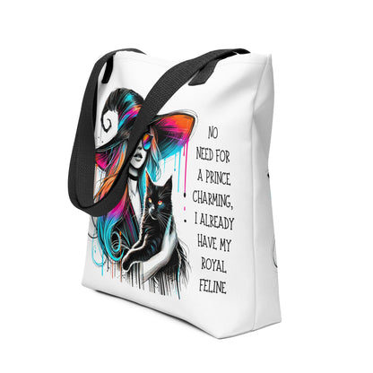 Tote bag ésotérique illustration witchy avec le slogan No need for a prince charming I already have my royal feline